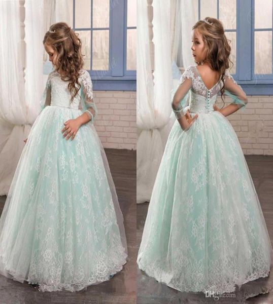 2017 Romantico verde menta Flower Girl Dress per matrimoni Tulle con pizzo aperto sul retro Abito da ballo abiti da prima comunione per gi1329175