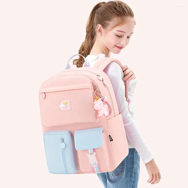 Sacos escolares Mochila leve Hit Color Middle Kid Girl Book Mochila com pingente