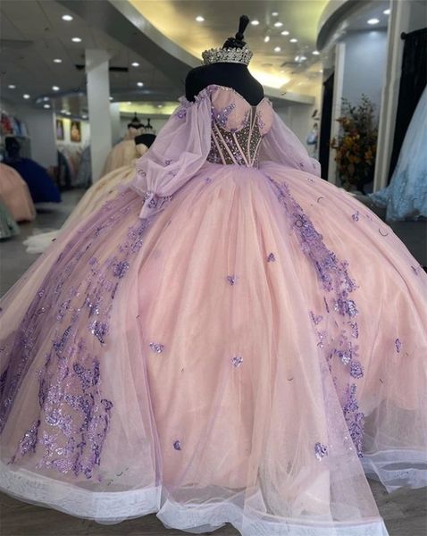 Mexiko Rosa schulterfreies Quinceanera-Kleid 2024 mit Pailletten, Plus-Size-Korsett-Abschlussballkleid mit Laternenärmeln, Ballkleid, Süßes 16