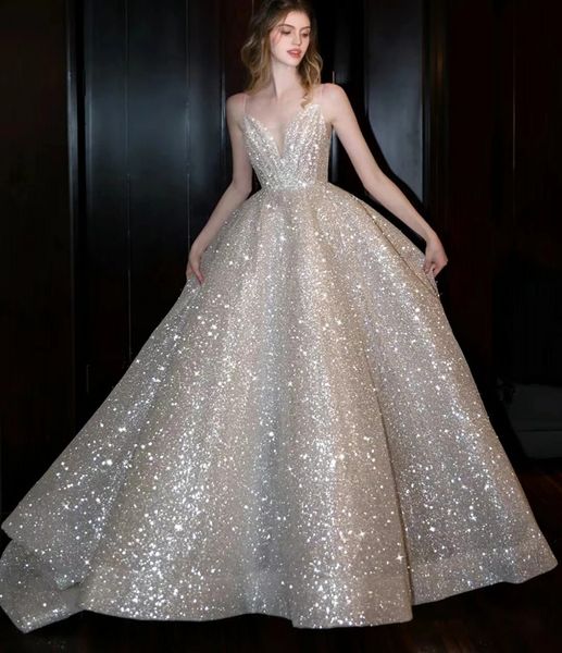 Luccicanti Paillettes Donne Vestito da Promenade 2024 Champagne con Scollo a V Backless Del Partito di Sera Abiti di Gala Usura di Compleanno Robe De Soiree su Misura