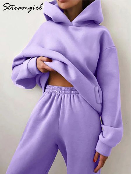 Streamgirl Abiti invernali per donna Set da 2 pezzi 2023 Felpe con cappuccio in pile e pantaloni della tuta Set di tute viola 240116