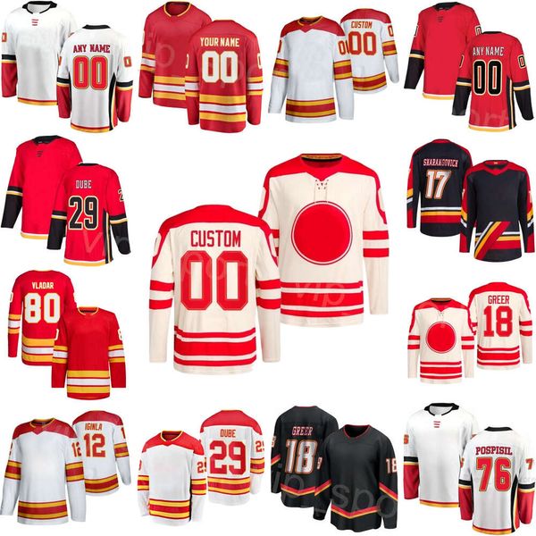 Personalizado Hóquei 76 Martin Pospisil Jersey 17 Yegor Sharangovich 47 Connor Zary 29 Dillon Dube 18 AJ Greer 80 Dan Vladar 12 Jarome Iginla 91 Nazem Kadri Juventude Mulheres Homens