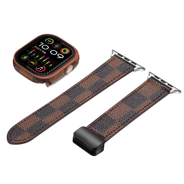 Modisches Magnet-Faltschließe-Lederarmband mit Uhrengehäuse für Apple Watch Ultra 2 1 49 mm 45 mm 44 mm 41 mm 40 mm 42 mm Uhrenarmband iwatch Serie 9 8 7 6 SE 5