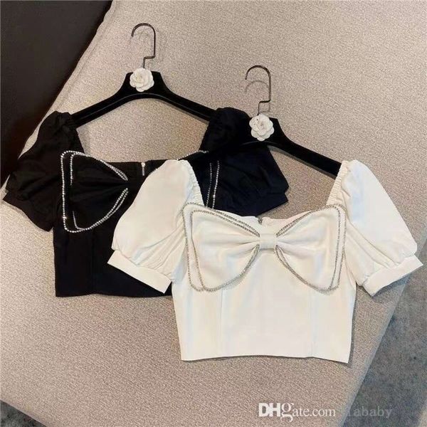 2024 Estate Abbigliamento per bambini Top per ragazze Moda Fiocco con diamanti Manica a palloncino Camicia con collo quadrato Crop Top alla moda Abbigliamento per bambini