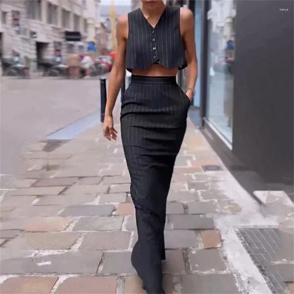 Röcke Frauen Streifen Crop Weste und Lange Rock 2 Stück Set Elegante Schwarz V-ausschnitt Einreiher Tops Gerade OL outwear Anzug