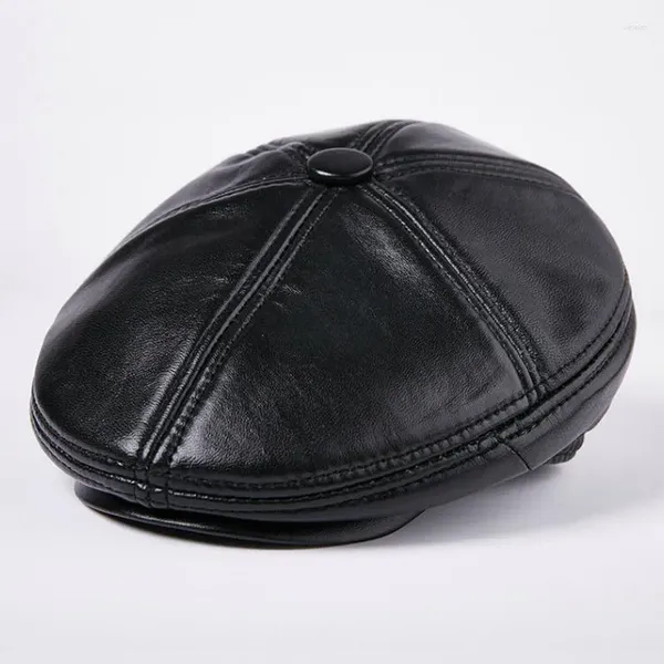 Berets H7630 Genuíno Couro Boina Chapéu Homens Inverno Pele De Carneiro Masculino Ao Ar Livre Mais Veludo Espessamento Moda Casual Preto Caps