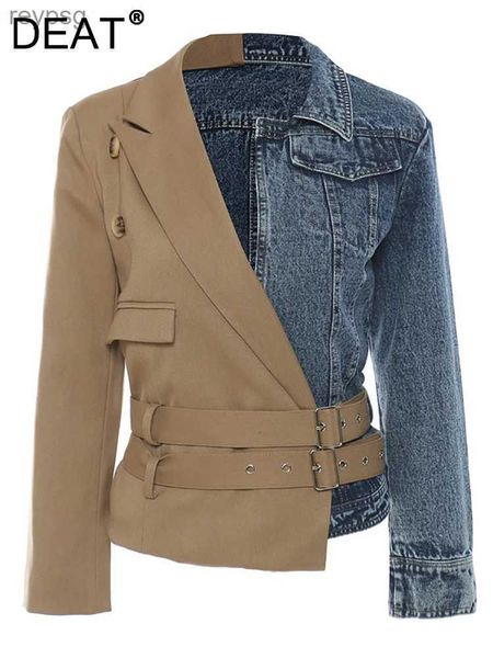 Couro feminino couro falso DEAT 2024 outono e inverno nova moda temperamento retalhos cinto duplo terno gola jaqueta jeans casaco feminino 7I6109 YQ240116