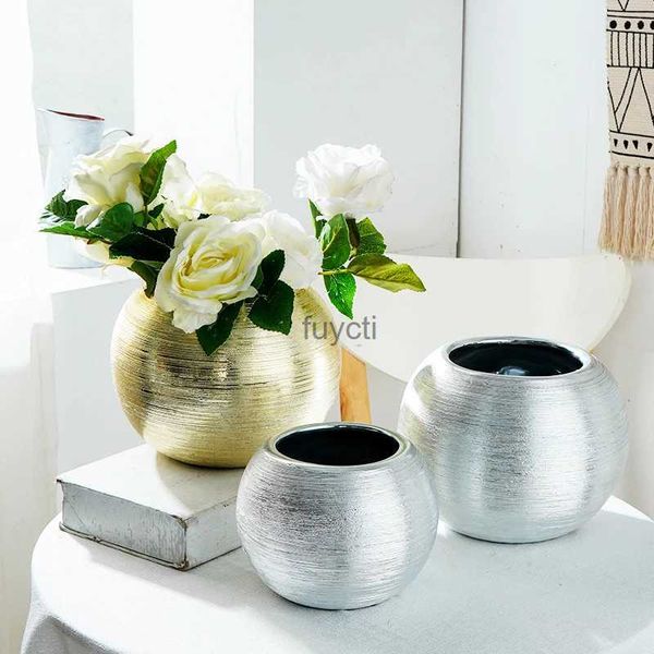 Vasi Elettrolitico oro argento vaso rotondo in ceramica composizione floreale secca moderna decorazione minimalista per la casa YQ240117