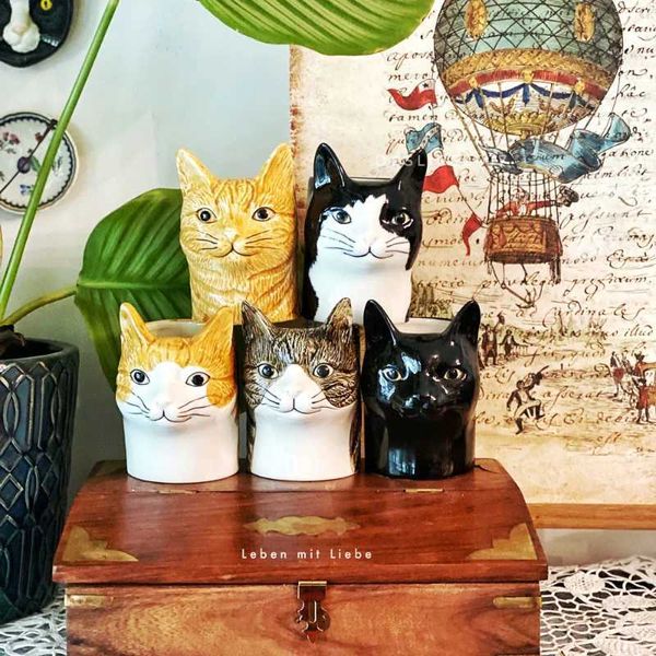 Вазы Ваза для цветов в форме головы кошки, ручная роспись, керамическая ваза, цветочная композиция, аксессуары для дома, украшение YQ240117
