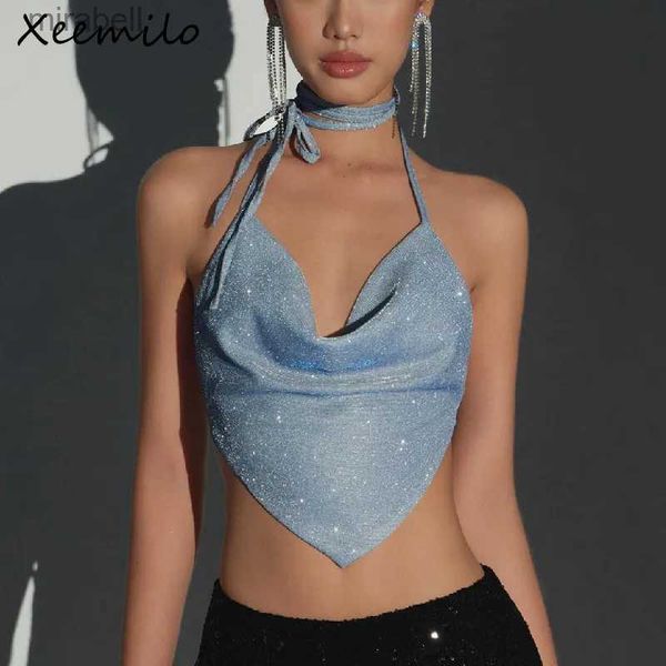 Blusas femininas Camisas Xeemilo Y2K Shinny Backless Regata Sexy Profundo Decote Em V Bandagem Halter Crop Tops Estéticos Forma Irregular Skinny Slim Mulheres Camis YQ240117