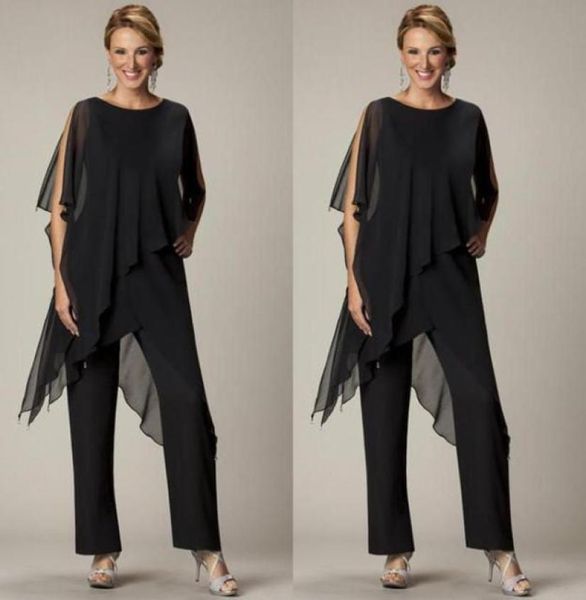 Pantaloni economici due pezzi adatti per la madre della sposa gioiello mezza manica plus size abiti da sera in chiffon nero festa di nozze in spiaggia1887088