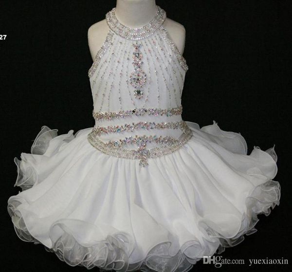 Elegante Cupcake Branco Criança Pageant Vestidos Halter Frisado Princesa Vestido Primeira Comunhão Curto Vestidos Da Menina de Flor para Wedding3107586