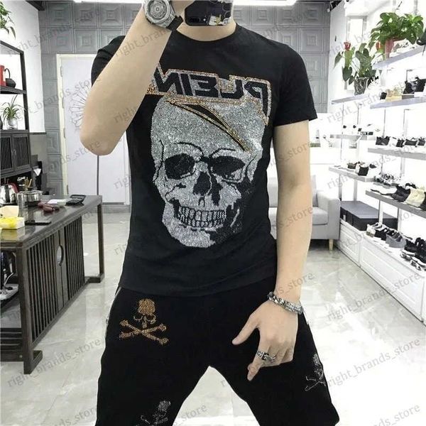 T-shirt da uomo T-shirt da uomo estiva con strass Teschio in cotone Hot Drills Trend Slim Hip Hop Streetwear Large Size Casual SportsShirt Tees Top T240117