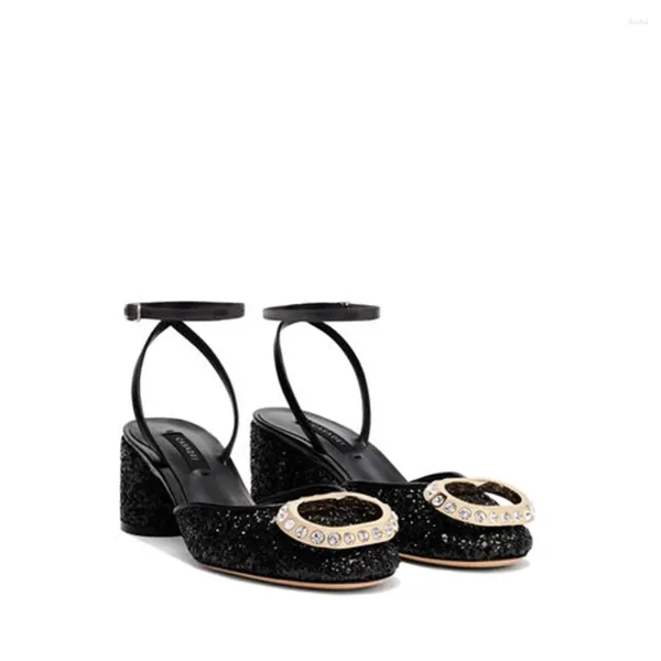 Scarpe eleganti Slingback Bling Decorazione con bottoni quadrati Sandali da donna Punta rotonda Tacco grosso Cinturino alla caviglia Zapatos Para Mujeres Tacones