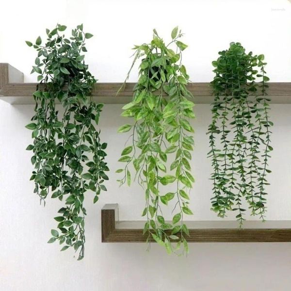 Flores decorativas com proteção para os olhos, vegetação natural, 3 peças, eucalipto, videira, plantas suspensas para decoração de casa, sem manutenção, vaso verde