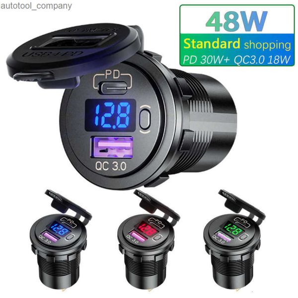 Nuovo 48W Tipo 12V/24V C PD + QC3.0 Presa accendisigari per auto Whit LED Voltmetro Interruttore Caricatore per auto USB Presa universale per camion moto SUV