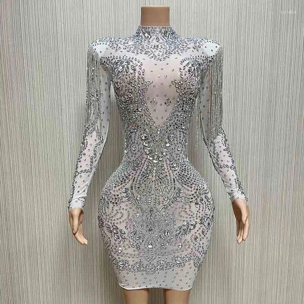 Bühnenkleidung Blinkende Kristalle Strass Kleid Frauen Quasten Schulter Abendkleider Weiß Mesh Geburtstag Feiern Kostüm Outfit XS5620