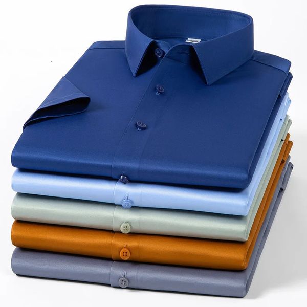 Plus size 5xl-s alta estiramento sem costura camisa masculina verão manga curta qualidade superior fino ajuste casual camisa de luxo camisa social 240117