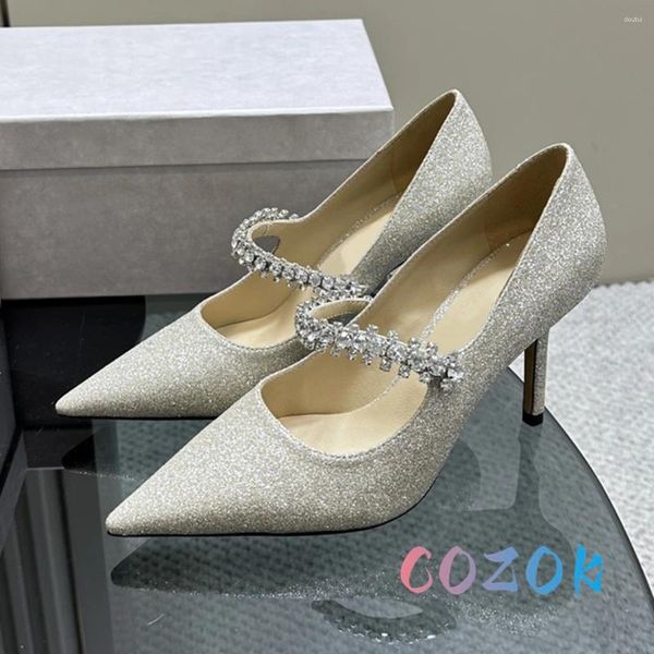 Sapatos de vestido Luxuoso Light Gold Glitter Pointed Toe Crystal Chain Front Trip Strap High Heels All-Season Formal Evening Women's