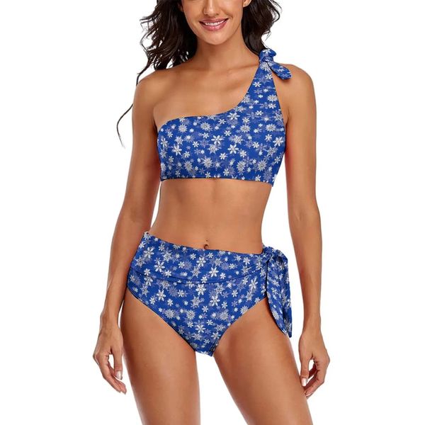 Natal floco de neve biquíni maiô sexy azul e branco cintura alta conjunto biquinis feminino moderno banho beachwear 240117