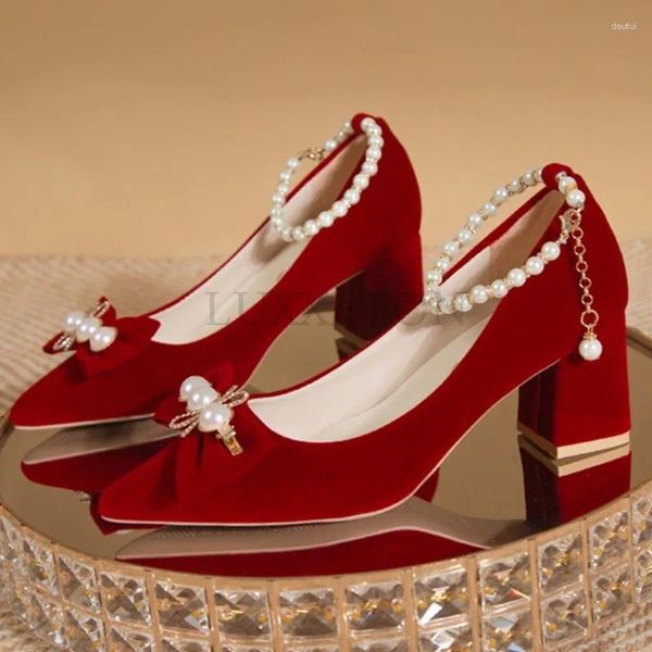 Sapatos de vestido mulheres salto alto grosso apontado dedo do pé elegante uma linha fivela arco pérola superior ocasiões formais banquete