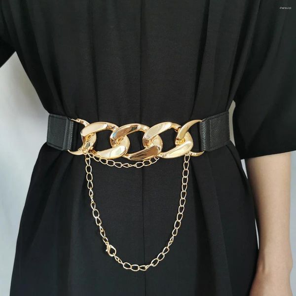 Kemerler Moda Altın Zincir Kemer Elastik Bant Kadınlar için Yüksek Kaliteli Gümüş Metal Çok Ring Bel Bandı Bayanlar Elbise Ceket Tasarımcısı