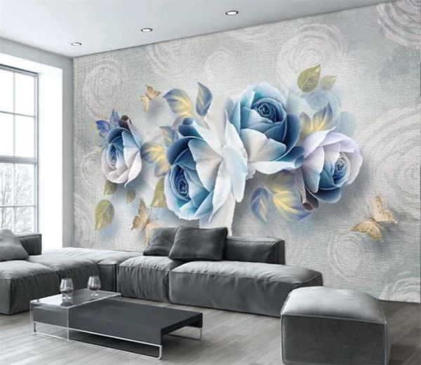 Po обои 3d цветок европейский ретро 3D тисненая роза ТВ фон украшение стены живопись романтические цветочные 3d обои3735884