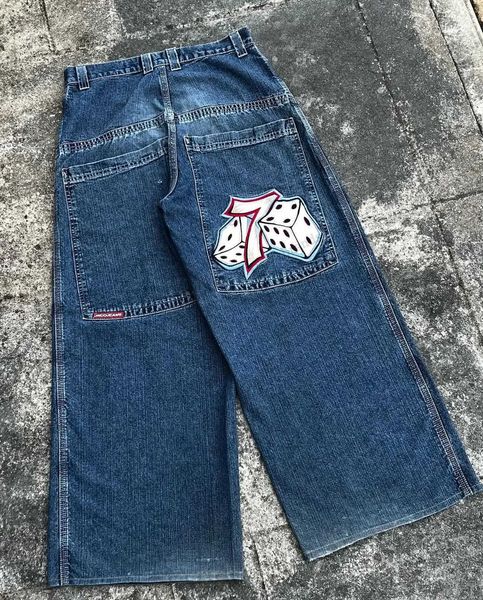 Herren Jeans Streetwear JNCO Jeans Y2K Hip Hop Nummer 7 Würfel Grafik bestickt Retro Blau Baggy Jeans Herren Damen Hohe Taille Weite Hose T240117