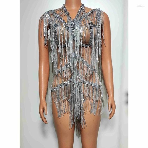 Stage Wear Nightclub Bar Cantora Borlas Full Diamond Sexy Bodysuit Mulheres Gogo Dancers Outfits Performance Party Dress DN17054