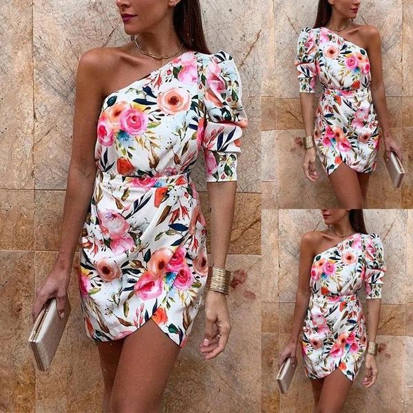 Vestidos casuais 2024 super menina primavera / verão mulheres impressas alça de ombro único envolto hip saia slim fit vestido de cintura alta