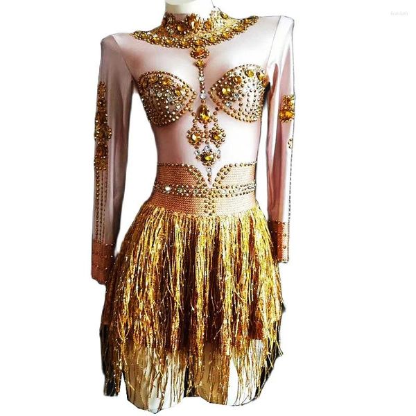 Stage Wear Frange dorate glitterate Abiti da donna a maniche lunghe Diamanti brillanti Costume da performance per cantante DJ da discoteca corto