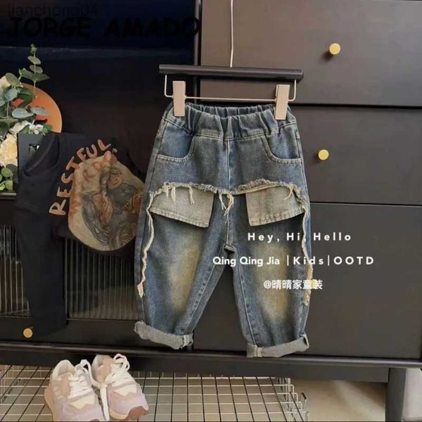 Calças de brim estilo coreano nova primavera outono crianças menino menina jeans bebê volta remendo bolso calças cowboy lavagem comprimento total denim calças h8160