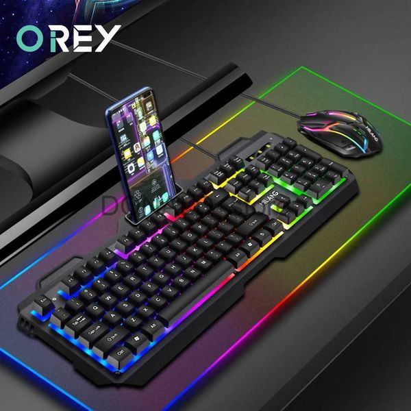 Механическая проволочная клавиатура, набор игровой клавиатуры и мыши, USB RGB, красочная светящаяся клавиатура, мышь для ПК, геймера, компьютера с держателем телефона J240117