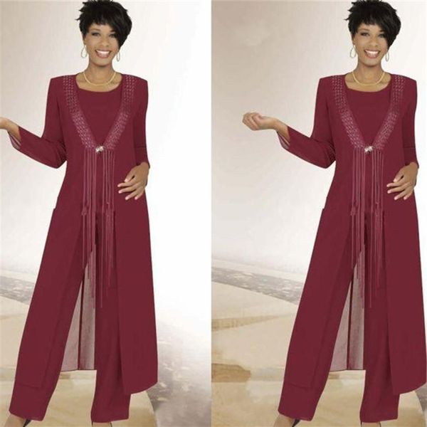 Pantaloni da sposa in chiffon bordeaux Abiti da sposa per la madre della sposa con giacca lunga Nappa Abiti da sera formali per feste con Wra261H