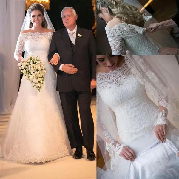 Modesto branco marfim fora do ombro mangas compridas rendas uma linha vestidos de noiva vestidos de casamento zíper traseiro com botão coberto custom279t