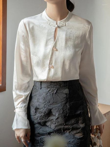Blusas femininas Qoerlin chinês sapo botão estilo jacquard ácido acético camisas mulheres 2024 irregular manga longa tops primavera outono blusa tendência