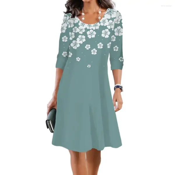 Vestidos casuais mulheres primavera vestido flor impressão a linha grande balanço manga longa tripulação pescoço solto elegante senhora diária midi