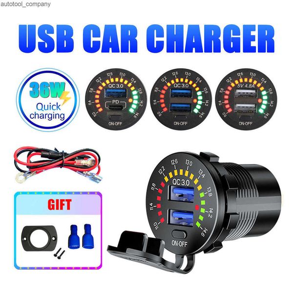 Novo carregador duplo usb/carregador rápido/pd tipo c tomada de energia carga rápida com voltímetro led para 12v 24v carro barco caminhão motocicleta carro