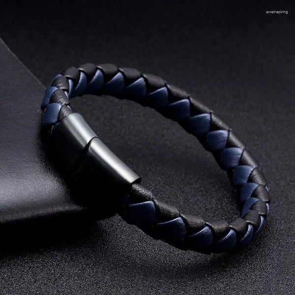 Charm Armbänder Einzigartige geflochtene blaue echtes Leder Männer Armband Armreifen Luxus Manschette männlich sportlich Magnetverschluss Schmuck