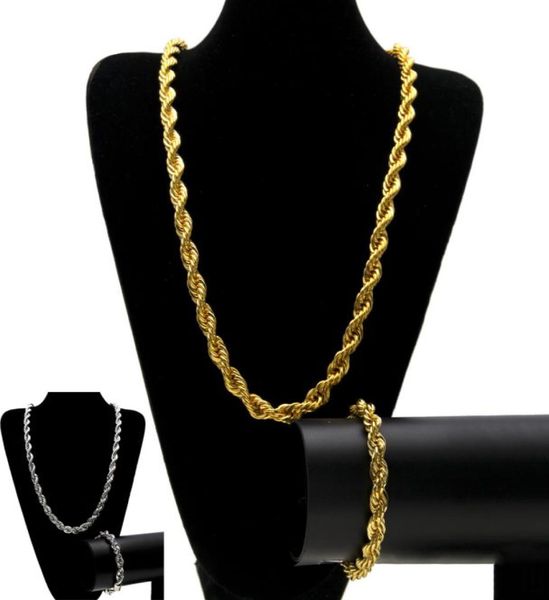 Set di gioielli con catene di corda Hip Hop da 10 mm Set di gioielli in oro placcato argento pesante Collana lunga e pesante Bracciale per gioielli da uomo Rock3729845