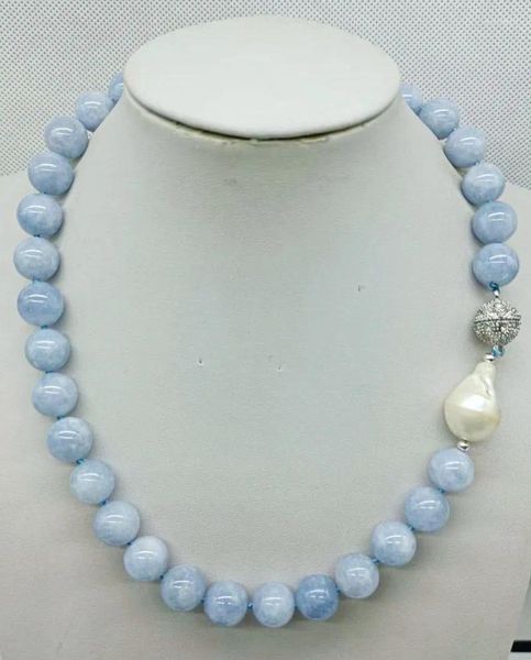 Pingentes finos 12mm azul aquamarine contas redondas branco água doce cultivada pérola pingente colar 18 Polegada jóias presentes para mulher