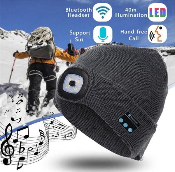 Gorros LED Bluetooth Speaker Chapéus Fones de ouvido sem fio Tampão de neve para adultos Homens Mulheres Inverno Cabeça Quente Preto Cor Cinza Cabelo Bo9416971