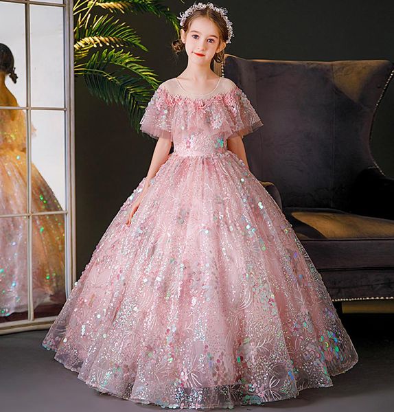 Bling Pailletten Mädchen Pageant Kleider Flauschige Kleinkind 2022 Luxus rosa Erstkommunion Kleid Geraffte Blumenmädchenkleider Ballkleider4544266