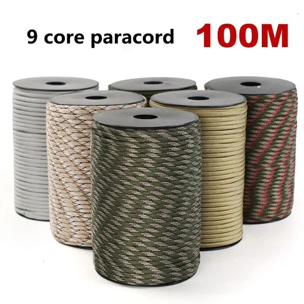 100m 550 padrão militar 9 núcleo paracord corda 4mm ao ar livre pára-quedas cabo sobrevivência guarda-chuva tenda cordão cinta varal 240117