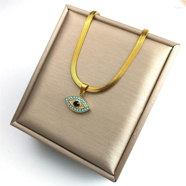 Ожерелья с подвесками, винтажное турецкое злое голубое глазное счастливое ожерелье для женщин, Stsinless, сталь, золотой цвет, цепочка на ключицу, роскошные ювелирные изделия NGPS04