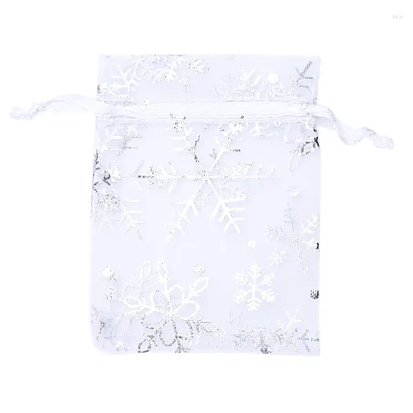 Sacchetti per gioielli 100 pezzi Sacchetti regalo di nozze in organza Astuccio con coulisse Fiocchi di neve bianchi argento stampati trasparenti per bomboniere