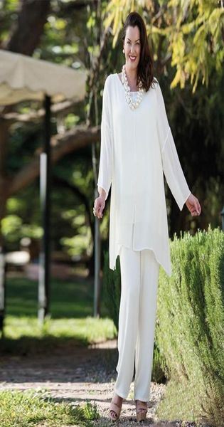 3 pezzi tailleur pantalone da sera da donna in chiffon bianco taglie forti tailleur pantalone per la madre della sposa madre signora abiti da sposa ospite di nozze Sui8821072