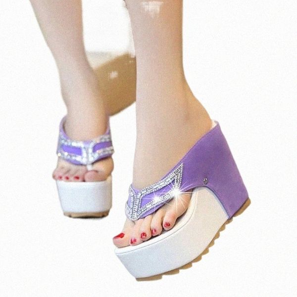 nuove donne di moda estate zeppe piattaforma scarpe sandali viola neri per le signore donne bling diapositive infradito scarpe r1my v9am R035 #