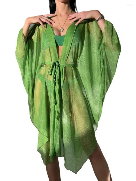 Costume da bagno estivo da donna, bikini casual, copricostume verde, manica lunga, scollo a V, fasciatura trasparente