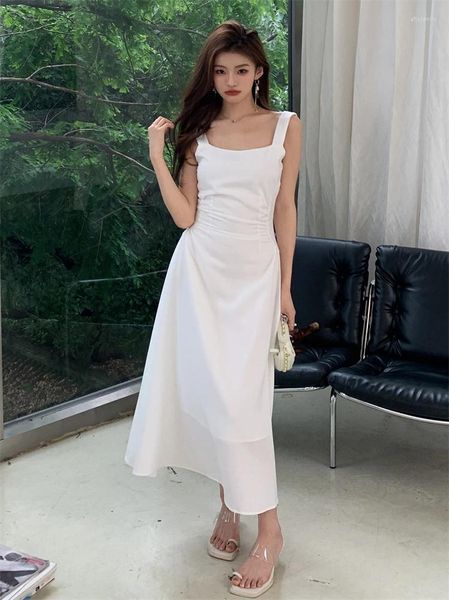 Vestidos casuais 2024 verão espaguete cinta branco mulheres estilo coreano a linha cor sólida sling vestido feminino sundress elegante